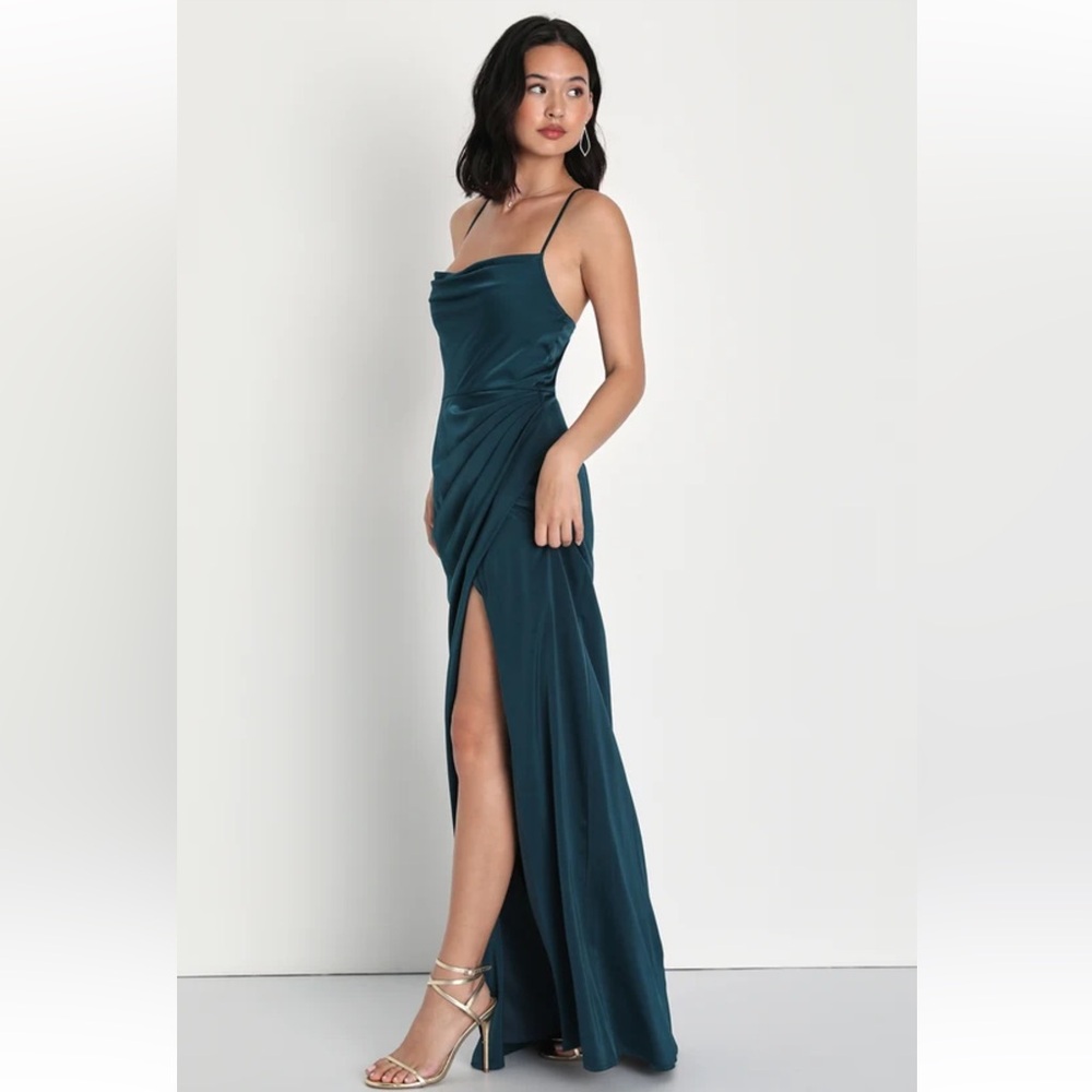 Dark Teal Satin Cowl Neck Tulip Maxi Dress